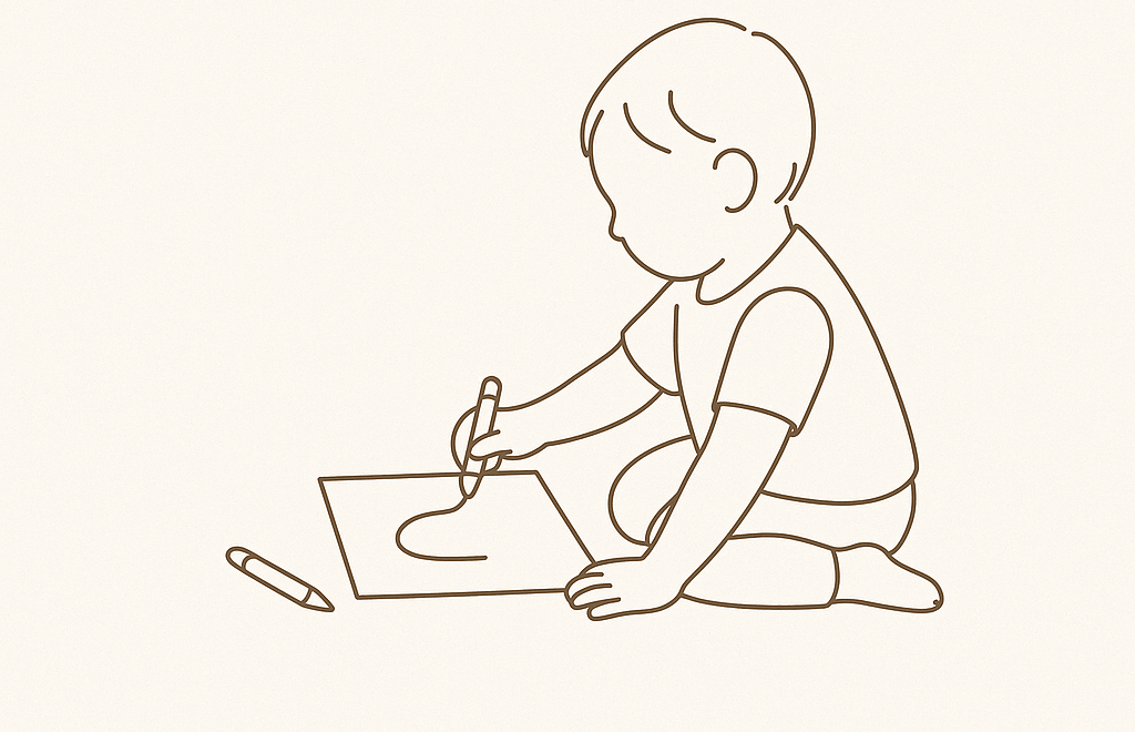 Minimalist brown line-art drawing of a toddler kneeling on the floor and coloring on a piece of paper, with a crayon beside them. The background is a soft beige-pink shade, and the title “Fun + Practical Toddler Favorites We’re Loving Right Now” appears above in a dark brown serif font.