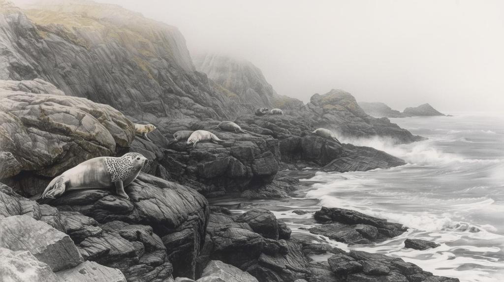 A detailed landscape drawing capturing a small group of seals lounging on dark, weathered rocks lining a misty Irish coastline. Gentle, foamy waves lap against the shore, adding to the serene atmosphere. The style is a refined pencil sketch, emphasizing textures and atmospheric perspective with a muted color palette.