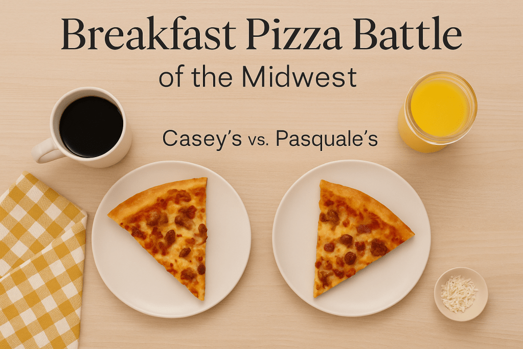Cozy flat lay of two slices of breakfast pizza on white plates labeled Casey’s and Pasquale’s, with coffee, orange juice, a yellow gingham napkin, and shredded cheese on a light wood table under the text “Breakfast Pizza Battle of the Midwest – Casey’s vs. Pasquale’s.”