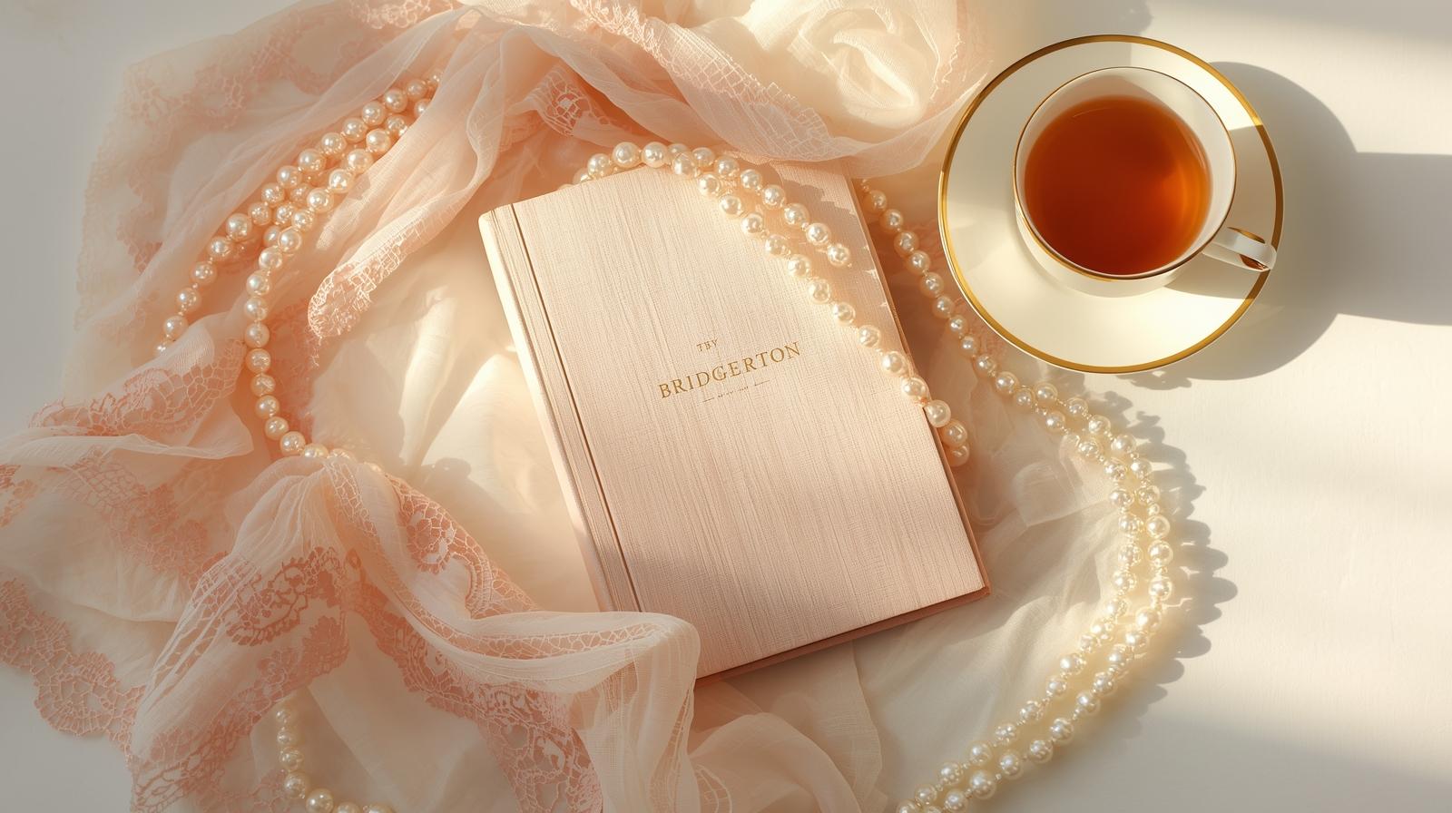 A soft, editorial-style flat lay inspired by Bridgerton, featuring a closed vintage book as the central element. The book is elegantly styled with lustrous pearls and delicate lace fabric draped nearby. A refined teacup sits adjacent, completing the scene. The lighting is warm and natural, as if cast by a gentle window, and the color palette is a harmonious blend of blush pink and creamy ivory. The overall mood is cozy and romantic, with a modern, minimal aesthetic that nods to the Regency era. The background is clean, allowing subtle, gentle shadows to add depth, creating an elegant and inviting composition reminiscent of high-end magazine photography.