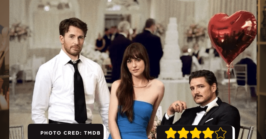 movie poster featuring main characters. two are sitting and one is standing.