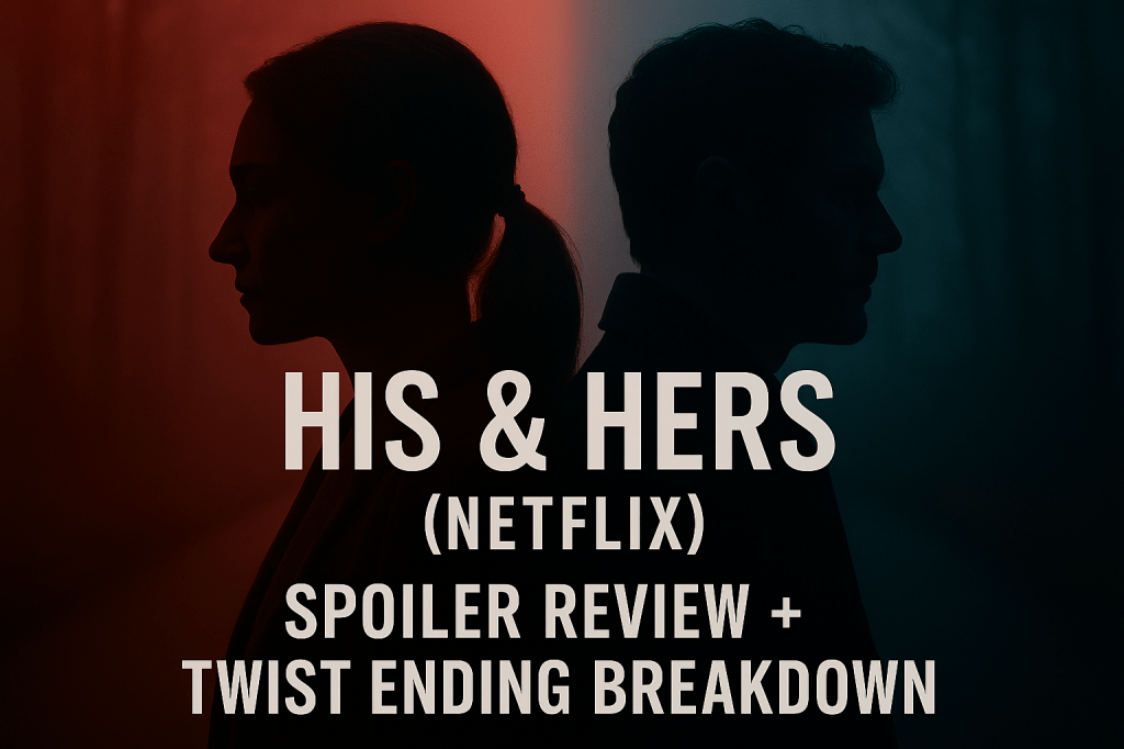 Two silhouettes facing opposite directions with red and blue lighting against a dark forest background, representing the dual perspectives in the Netflix series His & Hers.